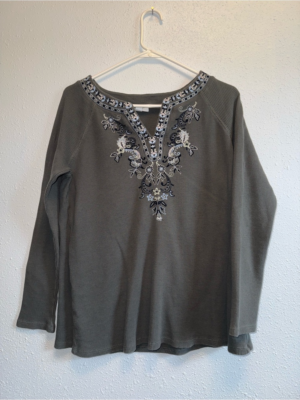 J. Jill Olive Embroidered Waffle-Knit Long Sleeve Top